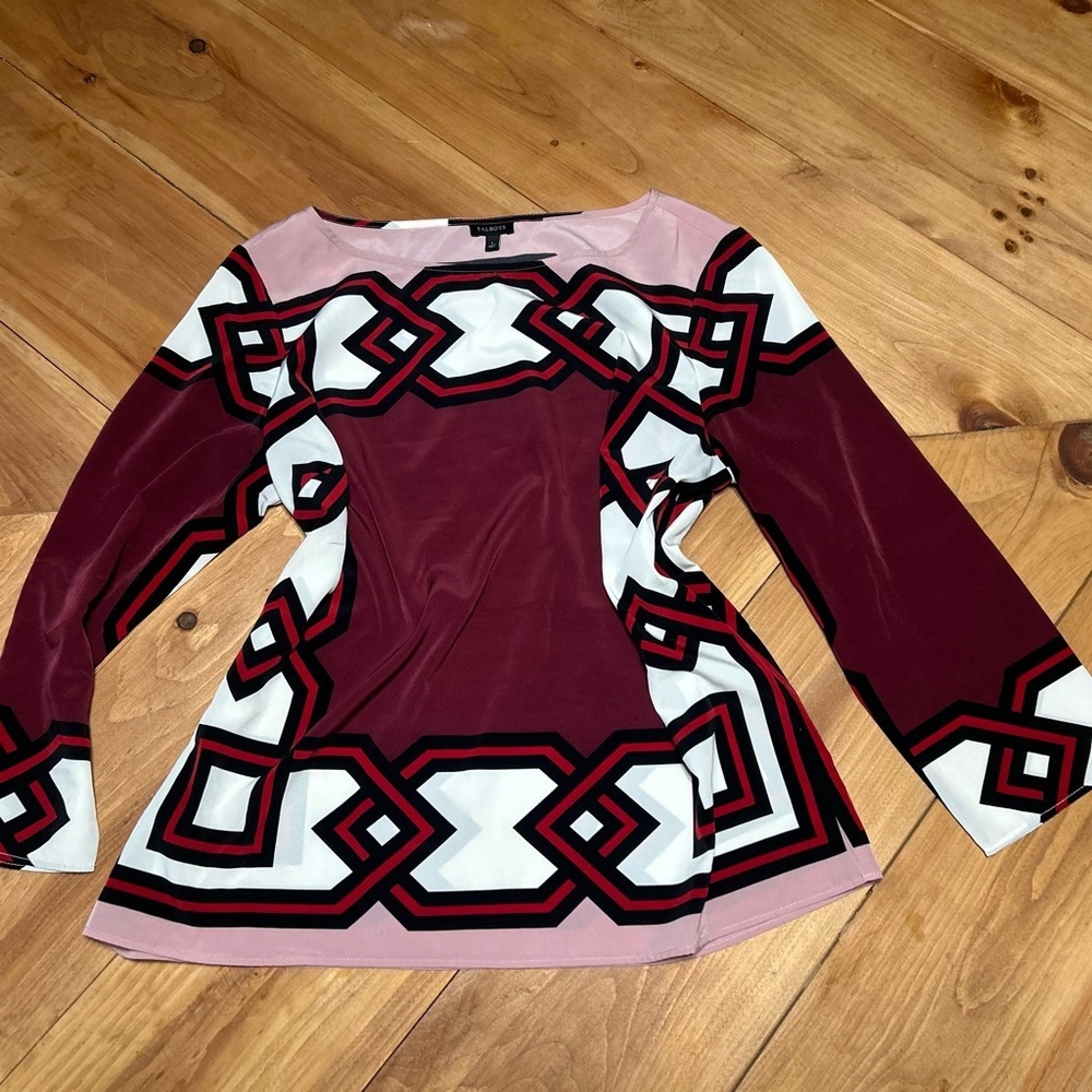 Talbots Maroon Pink White Geometric Print Long-Sleeve Blouse